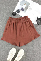 Khaki High Waist Pocketed Ruffle Shorts - Fashionfitz