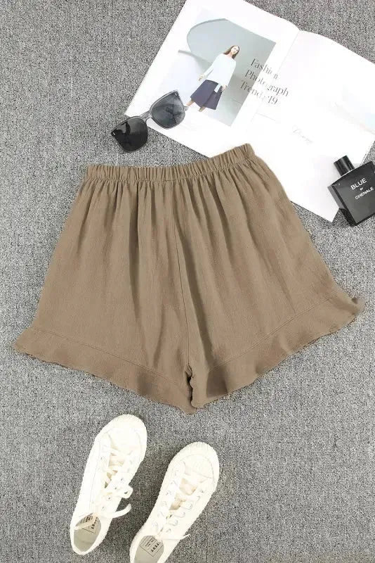 Khaki High Waist Pocketed Ruffle Shorts - Fashionfitz