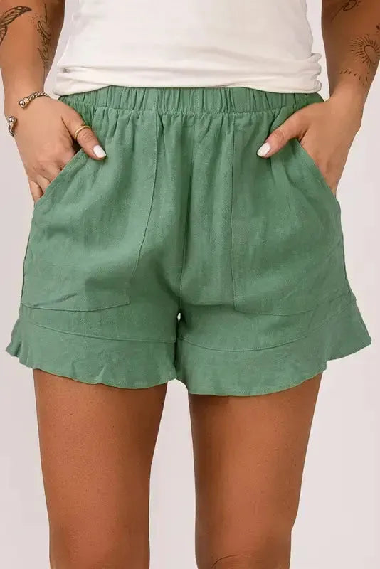 Khaki High Waist Pocketed Ruffle Shorts - Fashionfitz