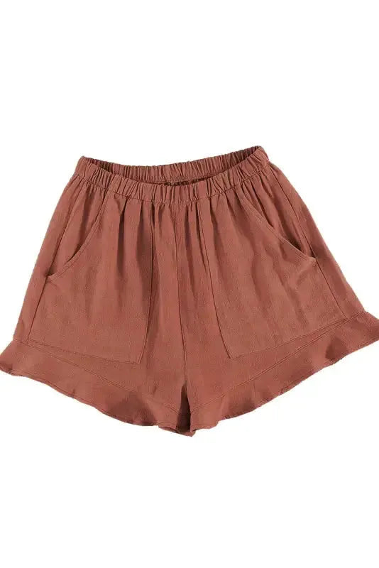 Khaki High Waist Pocketed Ruffle Shorts - Fashionfitz