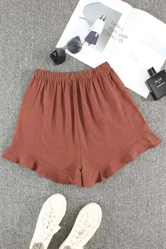 Khaki High Waist Pocketed Ruffle Shorts - Fashionfitz