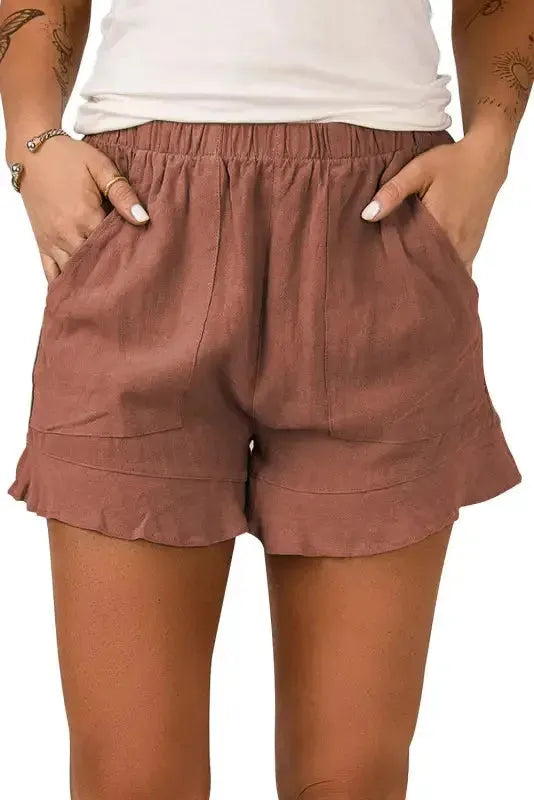 Khaki High Waist Pocketed Ruffle Shorts - Fashionfitz