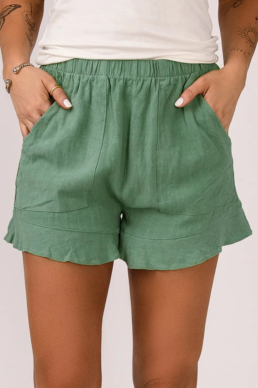 Khaki high waist pocketed ruffle shorts - green / xxs / 95% polyester + 5% spandex