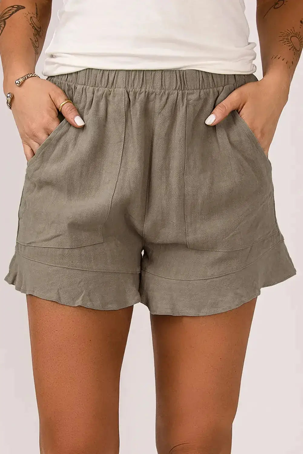 Khaki high waist pocketed ruffle shorts - s / 95% polyester + 5% spandex