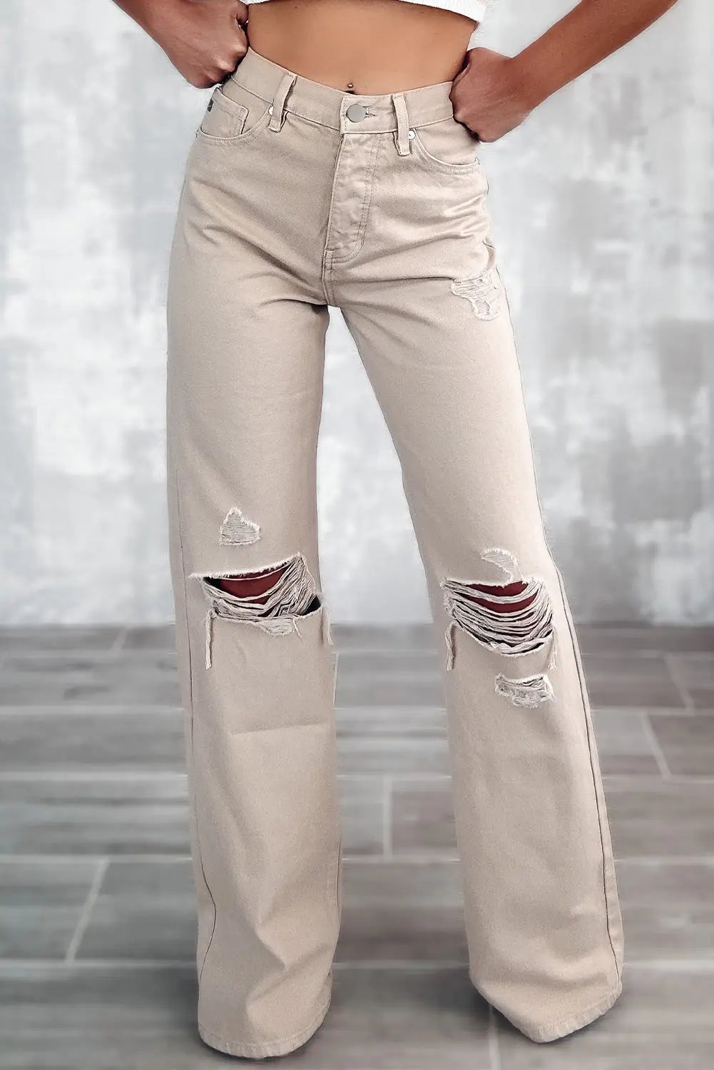 Khaki high waist ripped wide - leg jeans - 6 98% cotton + 2% elastane