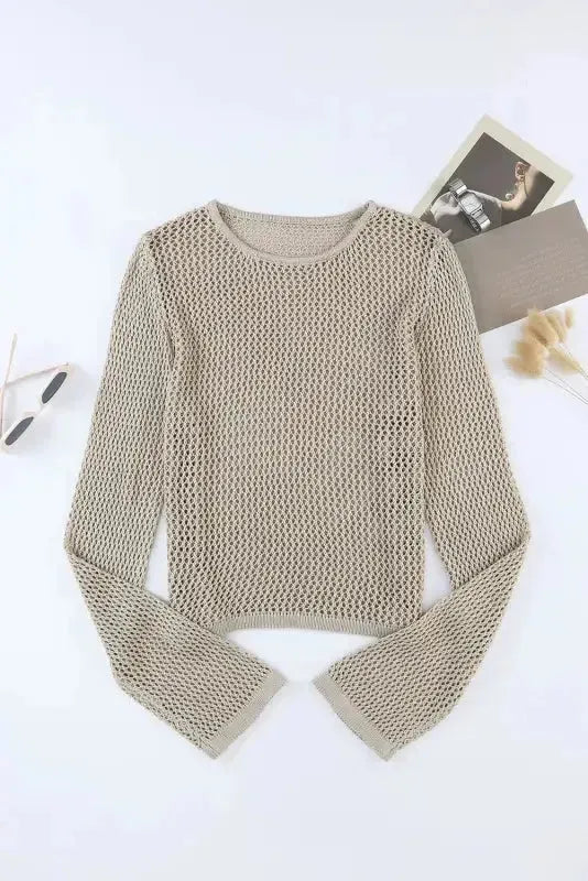 Khaki Hollow-out Knit Long Sleeve Top - Fashionfitz