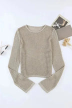 Khaki Hollow-out Knit Long Sleeve Top - Fashionfitz