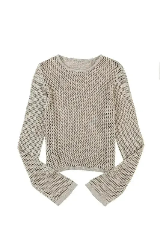 Khaki Hollow-out Knit Long Sleeve Top - Fashionfitz