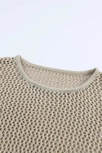 Khaki Hollow-out Knit Long Sleeve Top - Fashionfitz