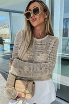 Khaki Hollow-out Knit Long Sleeve Top - Fashionfitz