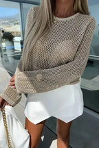 Khaki Hollow-out Knit Long Sleeve Top - Fashionfitz