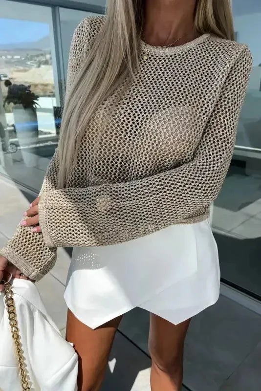 Khaki Hollow-out Knit Long Sleeve Top - Fashionfitz