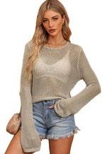 Khaki Hollow-out Knit Long Sleeve Top - Fashionfitz