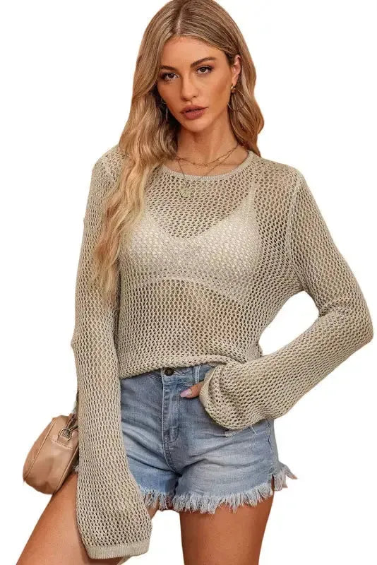 Khaki Hollow-out Knit Long Sleeve Top - Fashionfitz