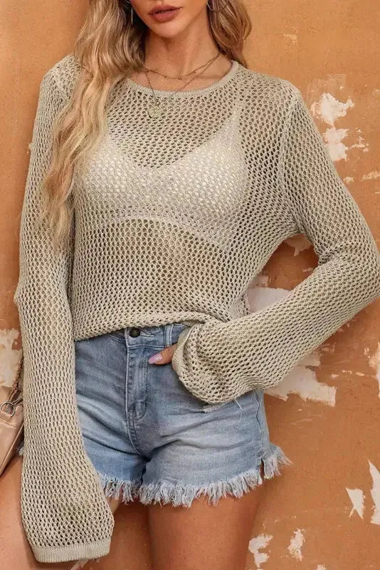 Khaki Hollow-out Knit Long Sleeve Top - Fashionfitz