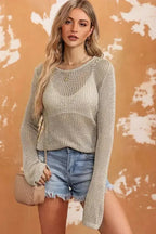 Khaki Hollow-out Knit Long Sleeve Top - Fashionfitz