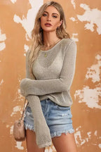 Khaki Hollow-out Knit Long Sleeve Top - Fashionfitz