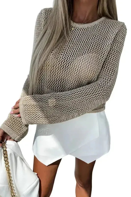 Khaki Hollow-out Knit Long Sleeve Top - Fashionfitz