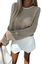 Khaki Hollow-out Knit Long Sleeve Top - Fashionfitz