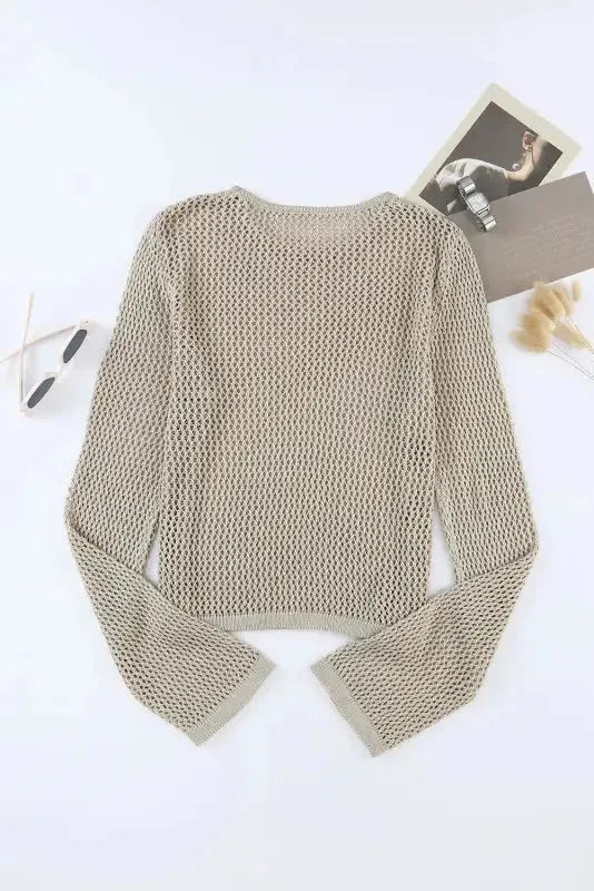 Khaki Hollow-out Knit Long Sleeve Top - Fashionfitz