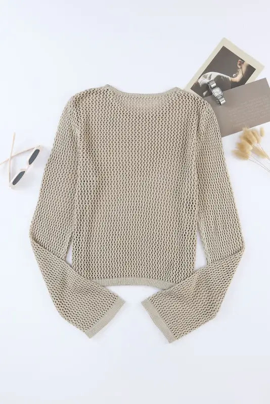 Khaki hollow-out knit long sleeve top - t-shirts