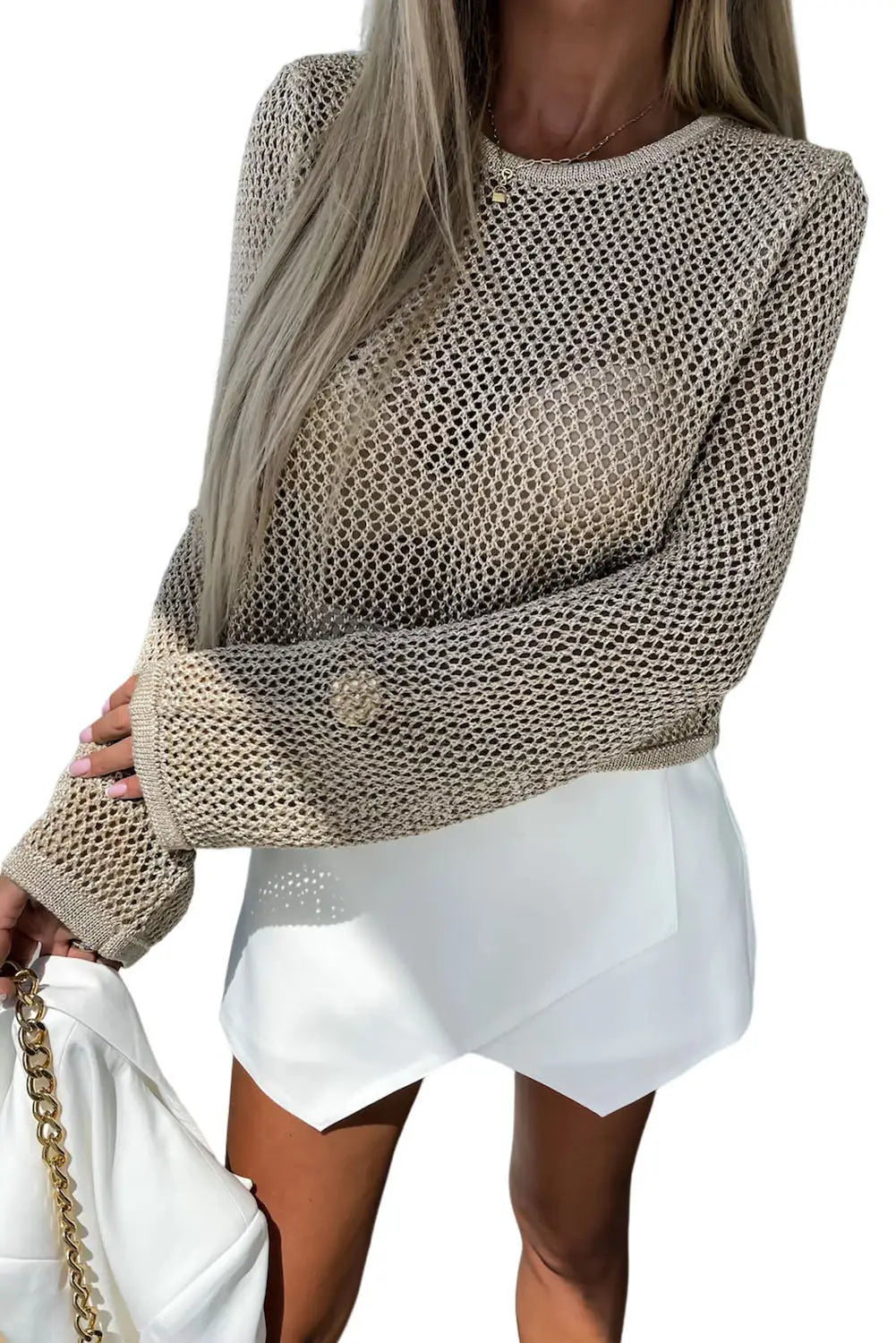 Khaki hollow-out knit long sleeve top - t-shirts