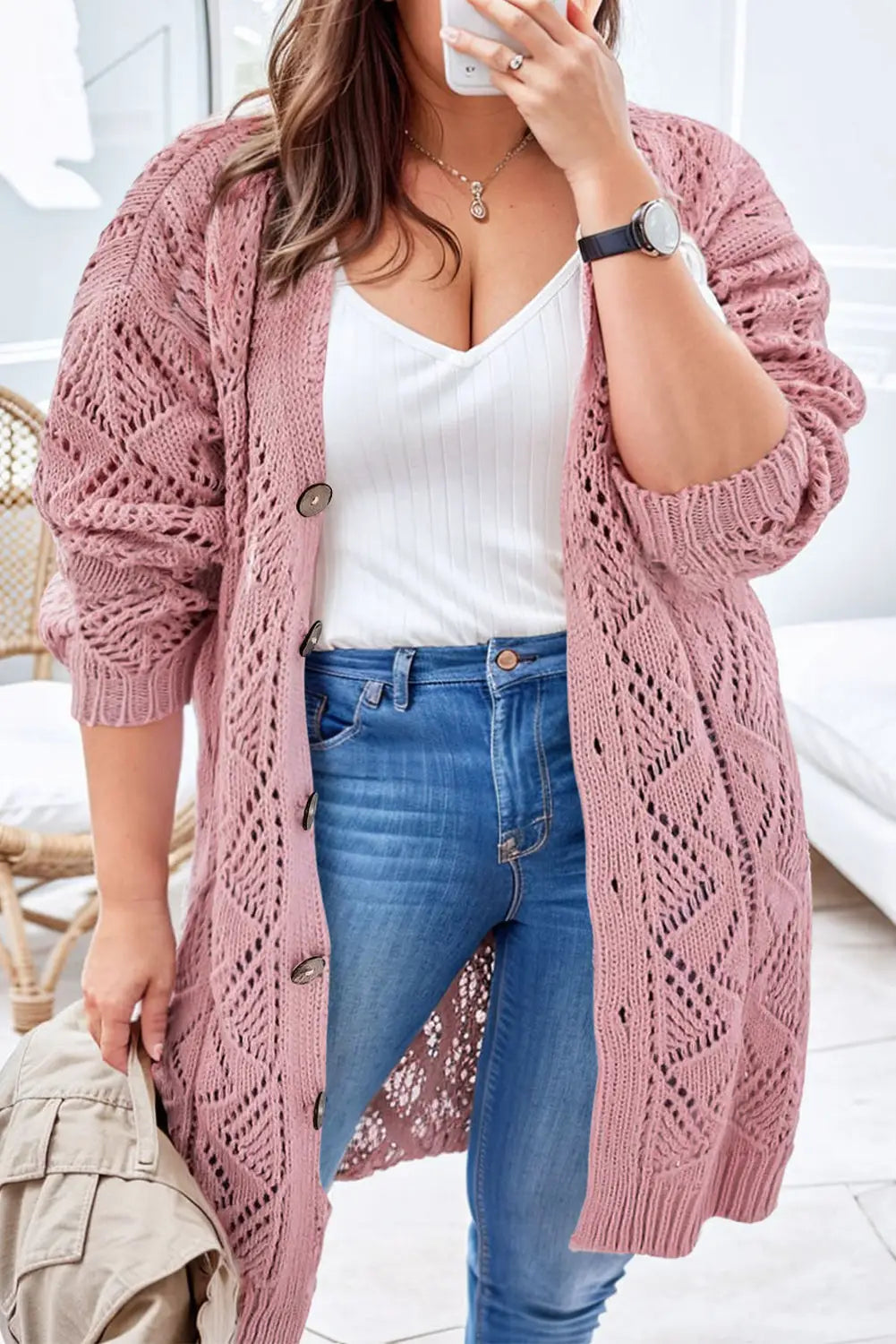 Khaki hollow-out openwork knit cardigan - pink / 1x / 60% cotton + 40% acrylic - sweaters & cardigans