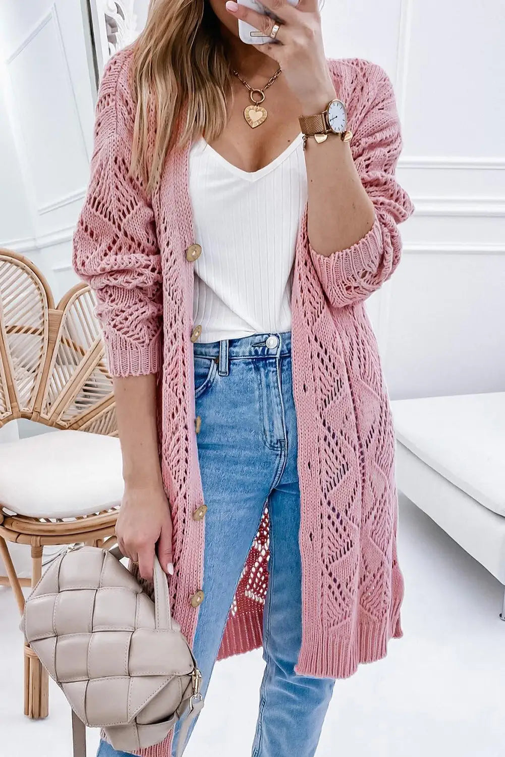 Khaki hollow-out openwork knit cardigan - pink / s / 60% cotton + 40% acrylic - sweaters & cardigans