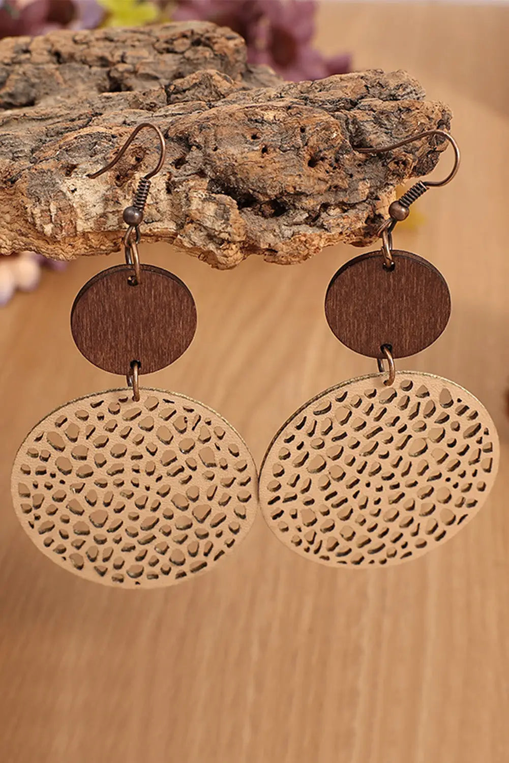 Khaki hollow out wooden round drop earrings - one size / wood