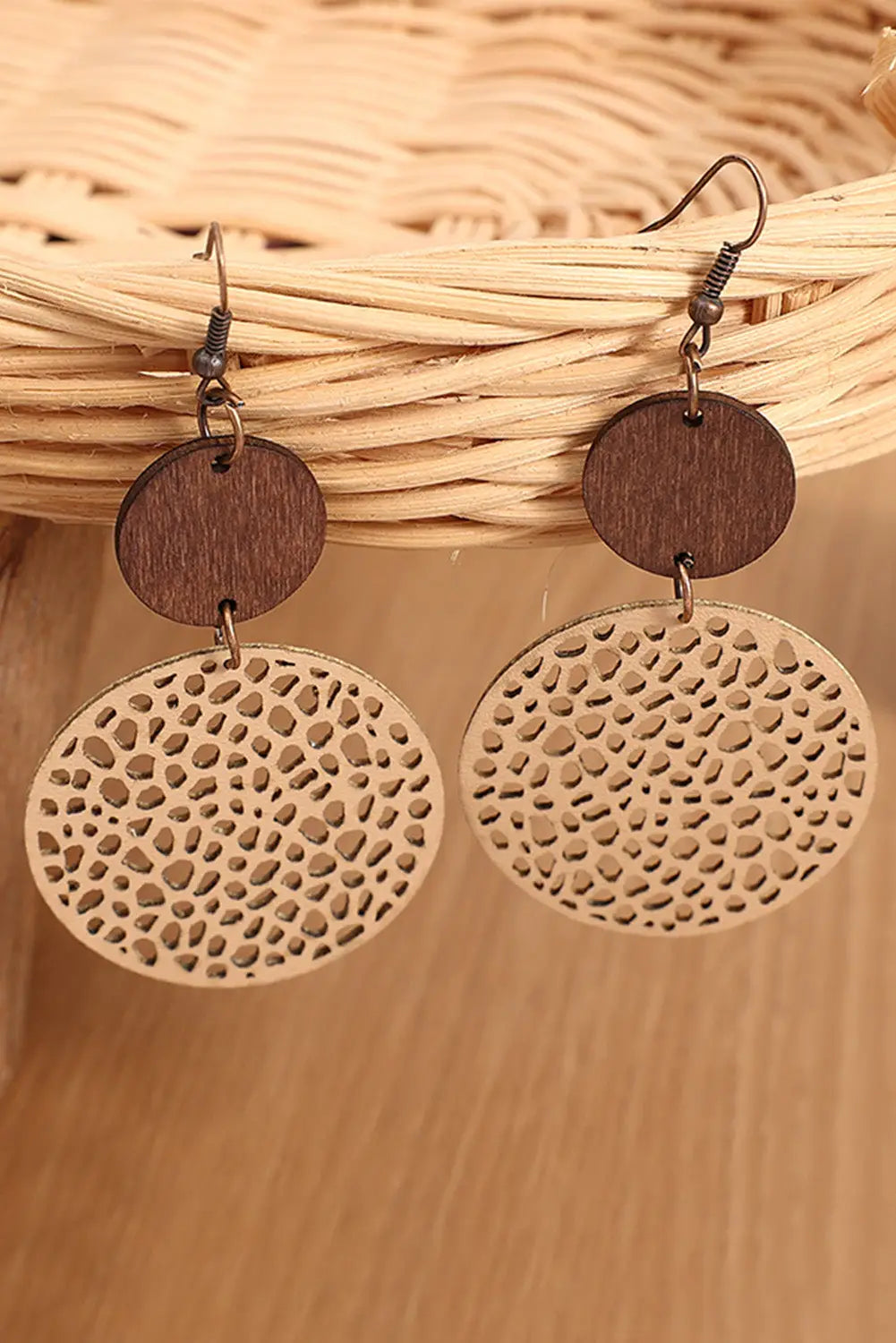 Khaki hollow out wooden round drop earrings - one size / wood