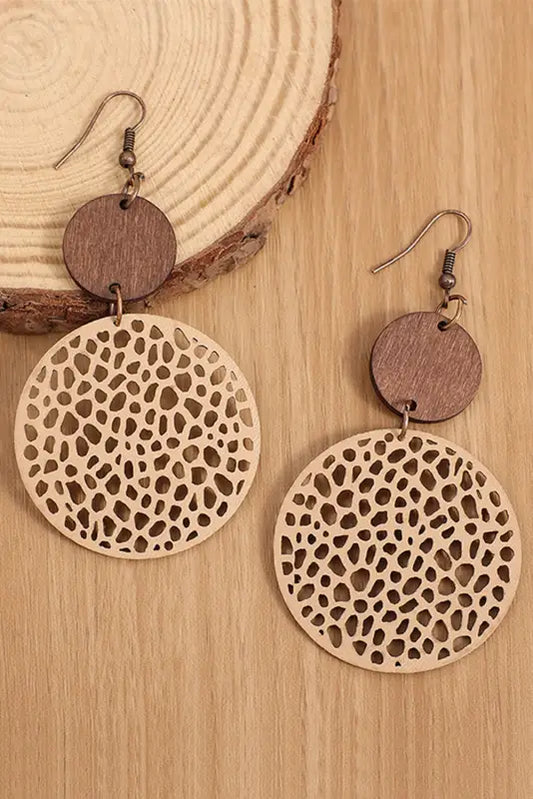 Khaki hollow out wooden round drop earrings - accessories