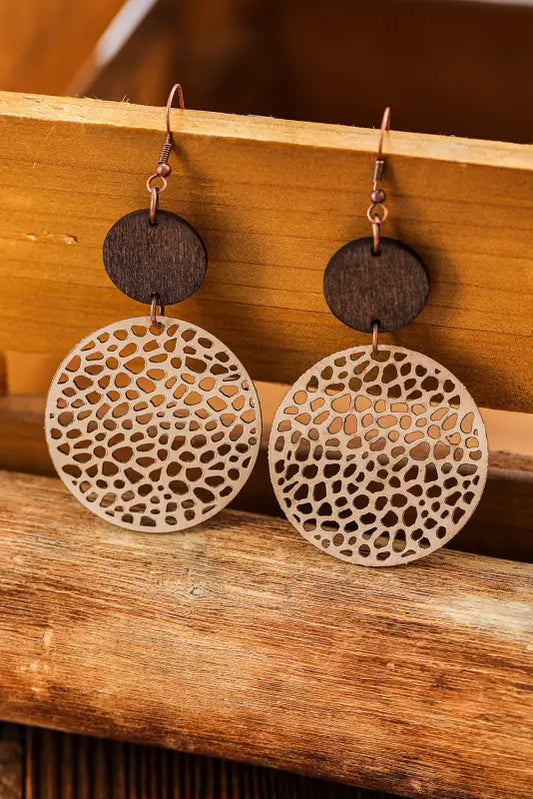 Khaki hollow out wooden round drop earrings - accessories