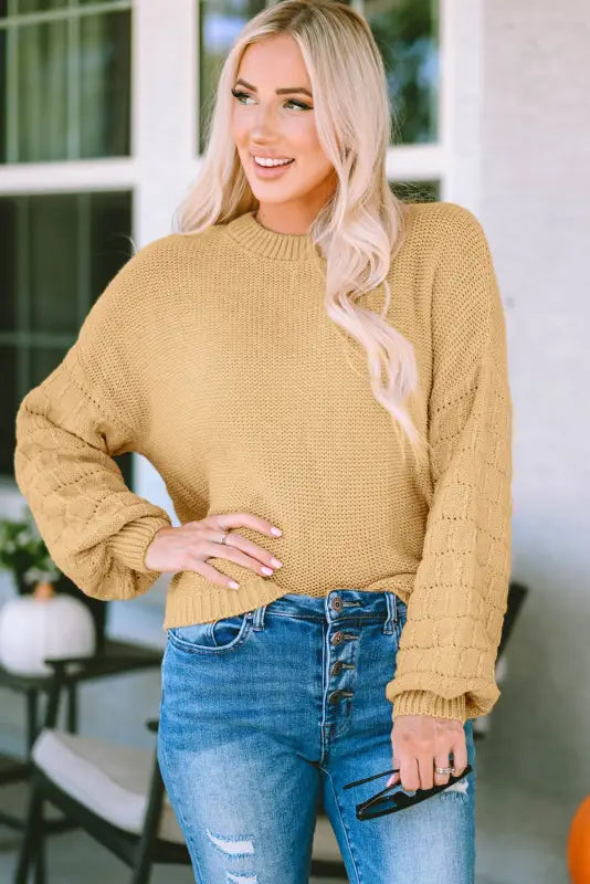 Khaki hollowed bubble sleeve knit sweater - sweaters & cardigans