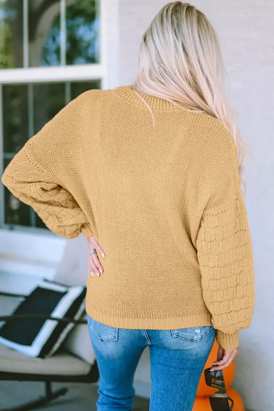 Khaki hollowed bubble sleeve knit sweater - sweaters & cardigans