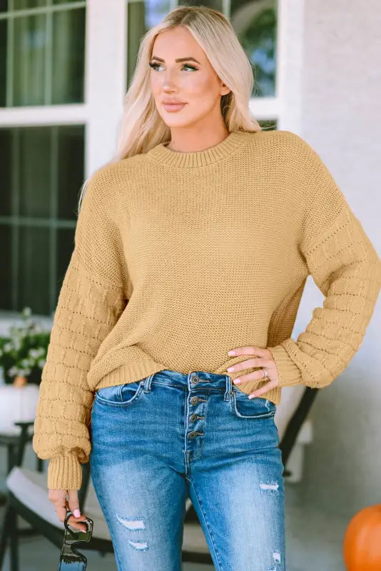 Khaki hollowed bubble sleeve knit sweater - sweaters & cardigans