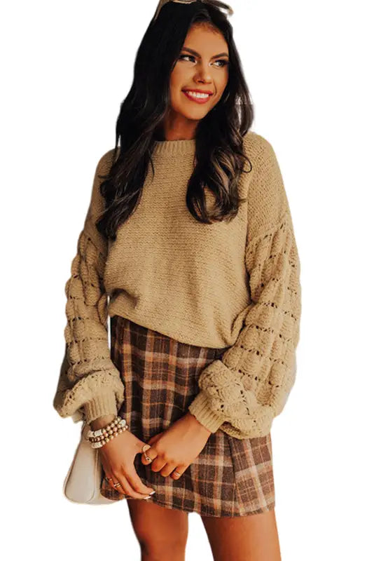 Khaki hollowed bubble sleeve knit sweater - sweaters & cardigans