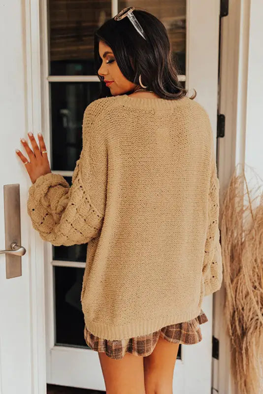 Khaki hollowed bubble sleeve knit sweater - sweaters & cardigans