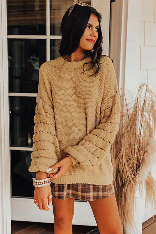 Khaki hollowed bubble sleeve knit sweater - sweaters & cardigans