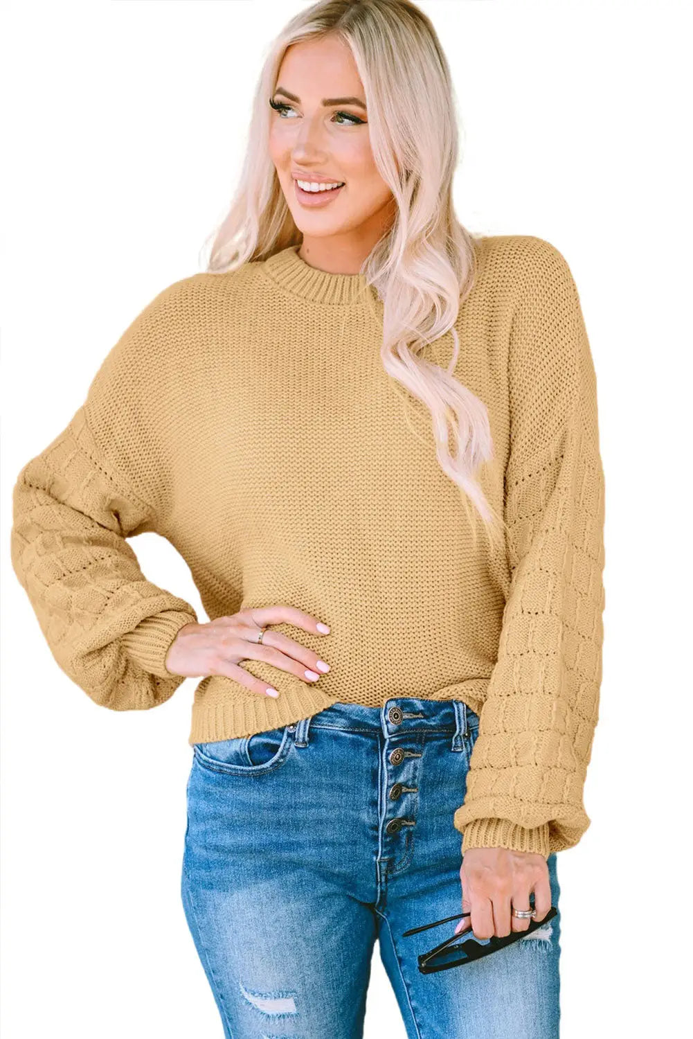 Khaki hollowed bubble sleeve knit sweater - sweaters & cardigans