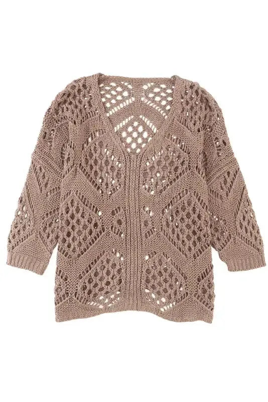 Khaki Hollowed Knit V Neck Sweater - Fashionfitz