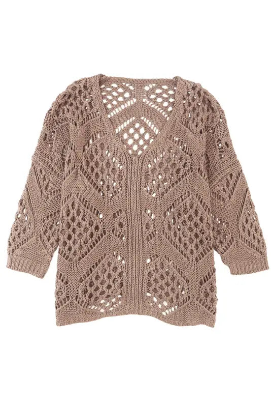 Khaki hollowed knit v neck sweater - sweaters