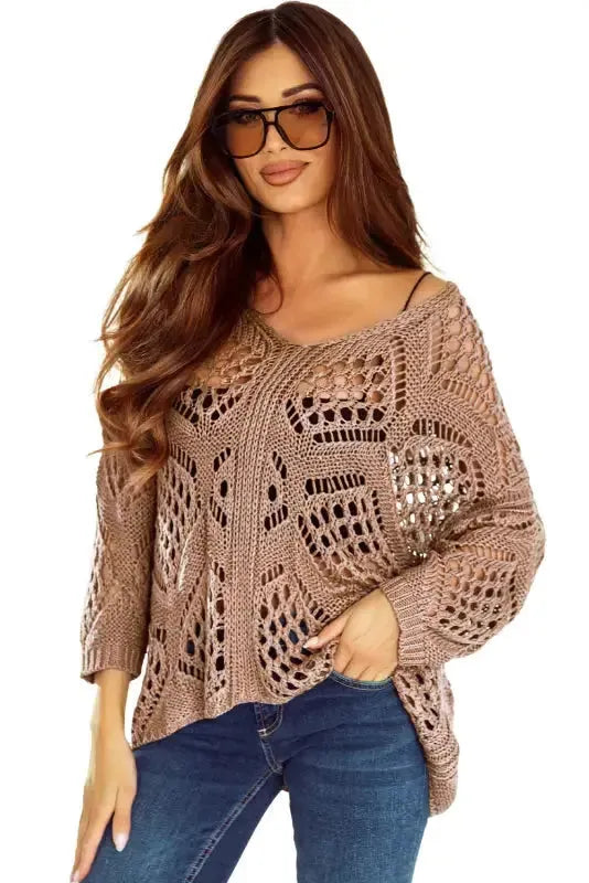 Khaki Hollowed Knit V Neck Sweater - Fashionfitz