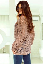 Khaki Hollowed Knit V Neck Sweater - Fashionfitz
