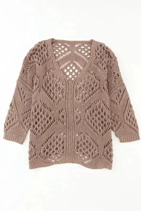 Khaki Hollowed Knit V Neck Sweater - Fashionfitz