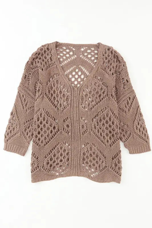 Khaki hollowed knit v neck sweater - sweaters