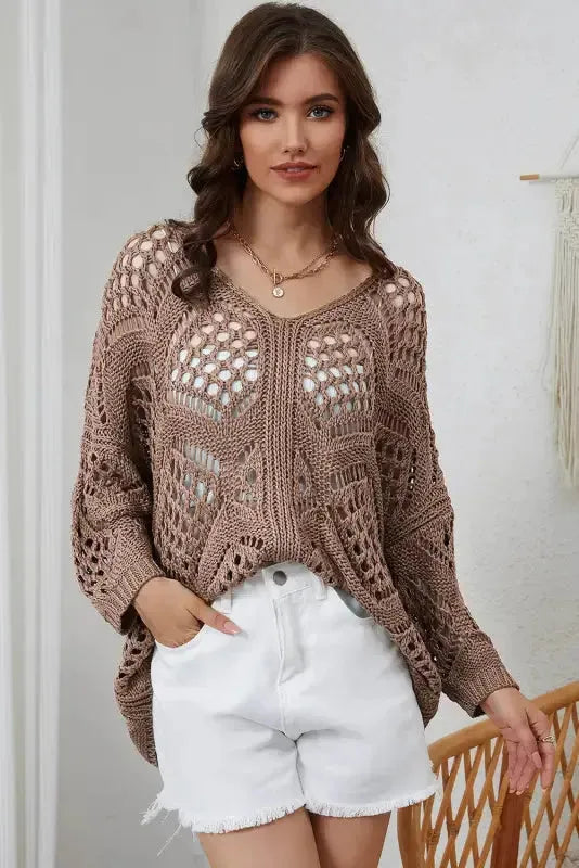 Khaki Hollowed Knit V Neck Sweater - Fashionfitz