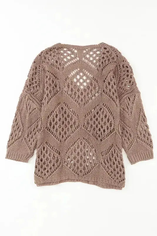 Khaki Hollowed Knit V Neck Sweater - Fashionfitz
