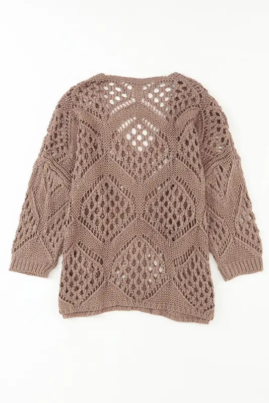 Khaki hollowed knit v neck sweater - sweaters