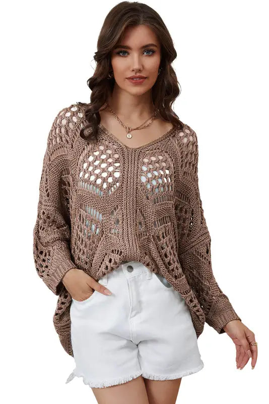 Khaki hollowed knit v neck sweater - sweaters