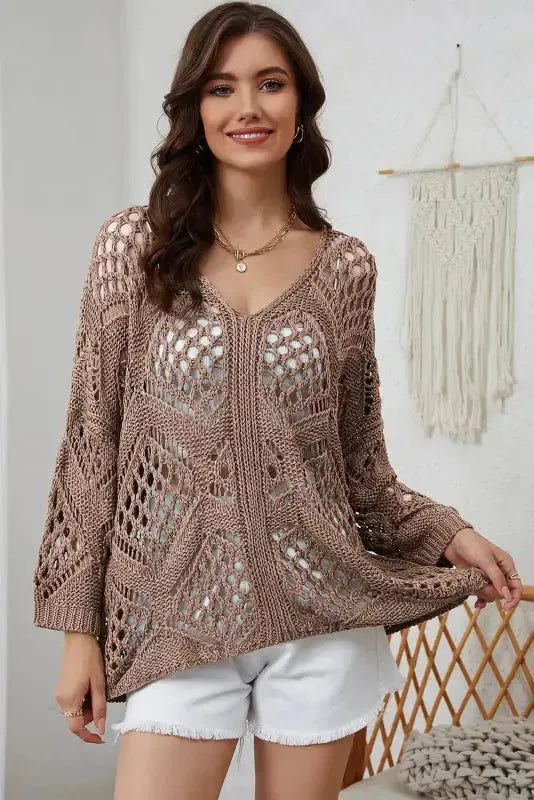 Khaki Hollowed Knit V Neck Sweater - Fashionfitz